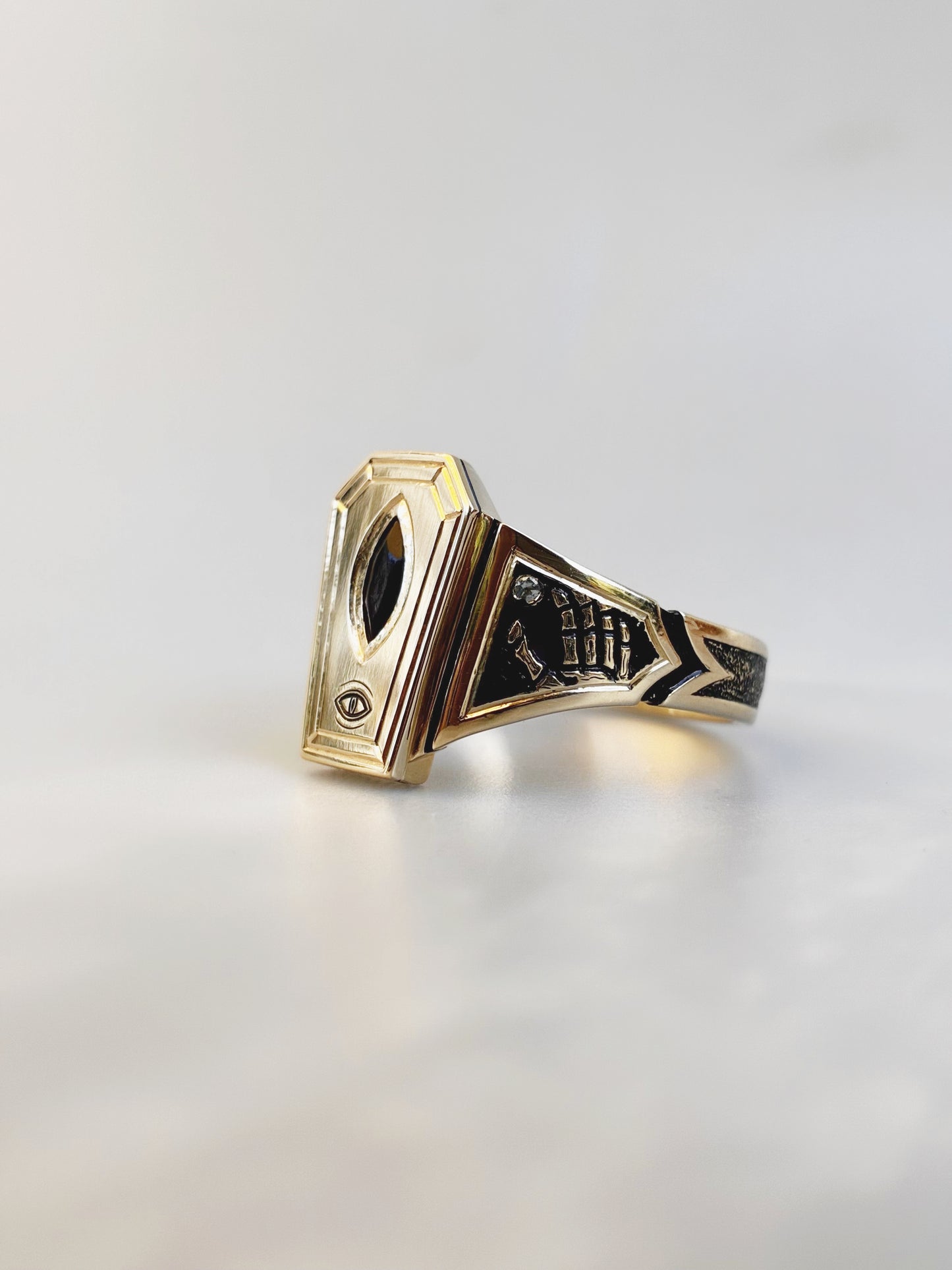 Custom Coffin-Shaped Signet Ring with Marquise Amethyst