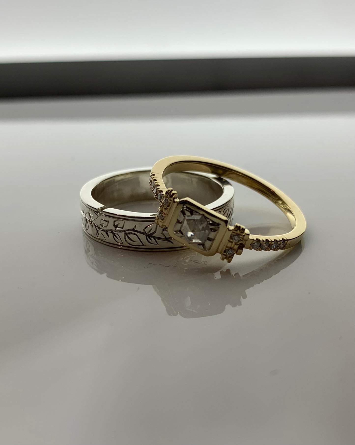 Engraved Rosecut Diamond Engagement Ring Set - 14k Gold