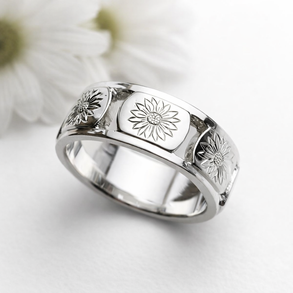 Engraved Sunflower Ring - 14k Gold