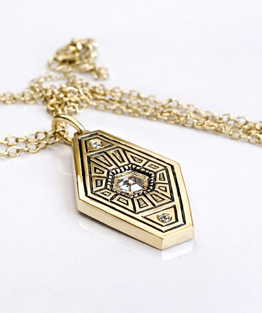 Hexagon diamond pendant, Hand engraved.