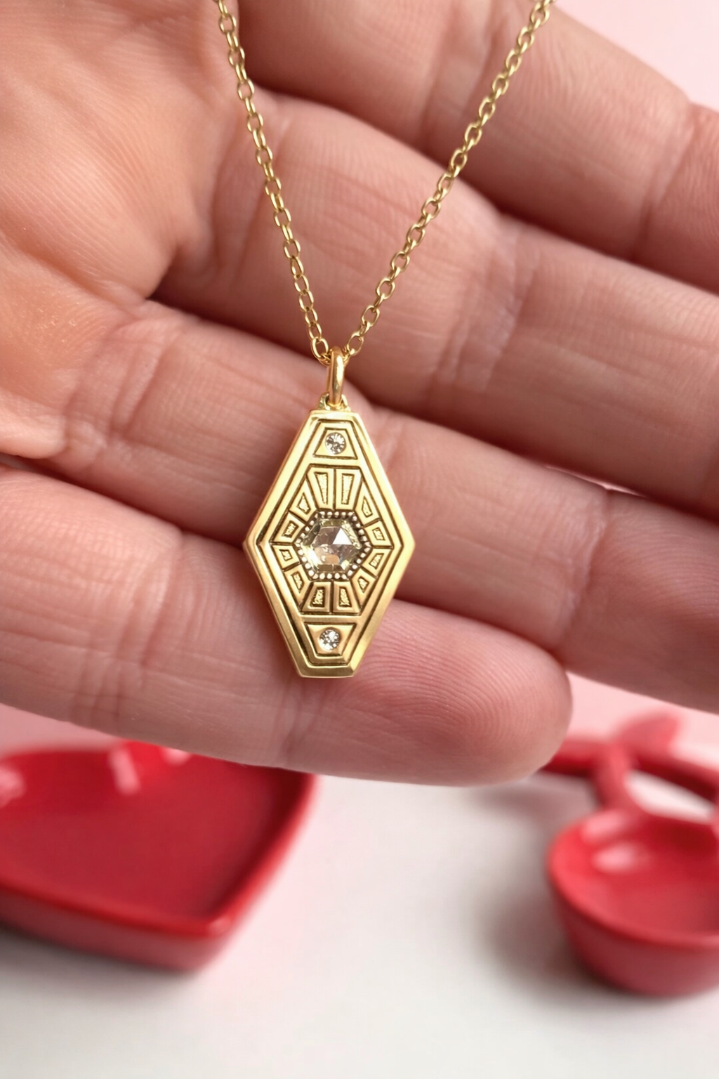 Hexagon diamond pendant, Hand engraved.