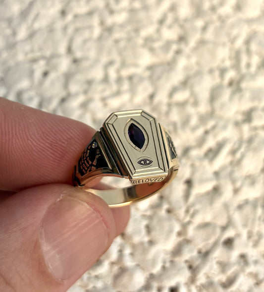 Custom Coffin-Shaped Signet Ring with Marquise Amethyst