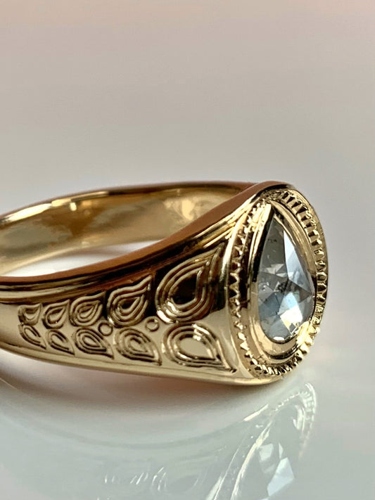 Handmade pear diamond signet ring