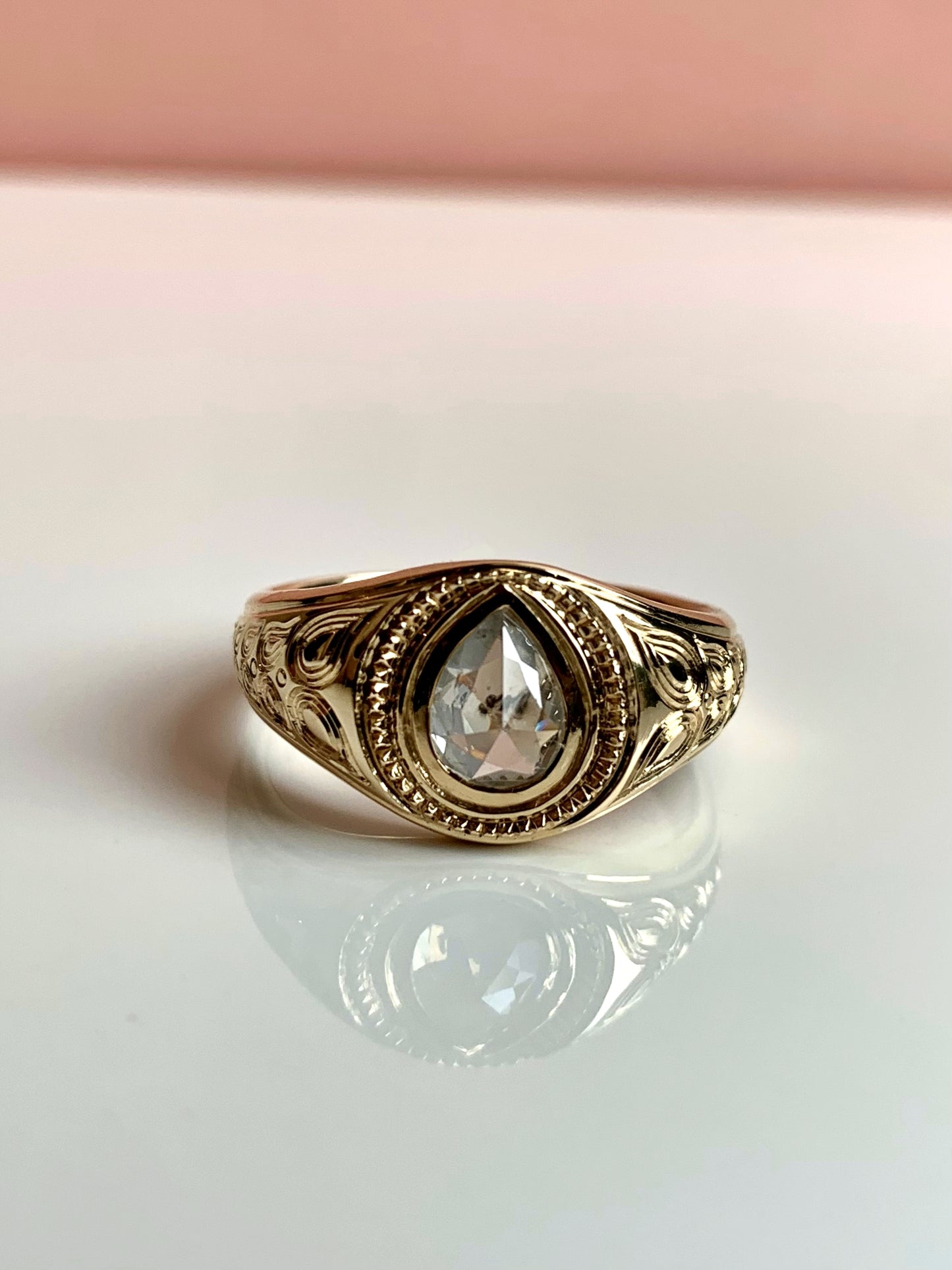 Handmade pear diamond signet ring