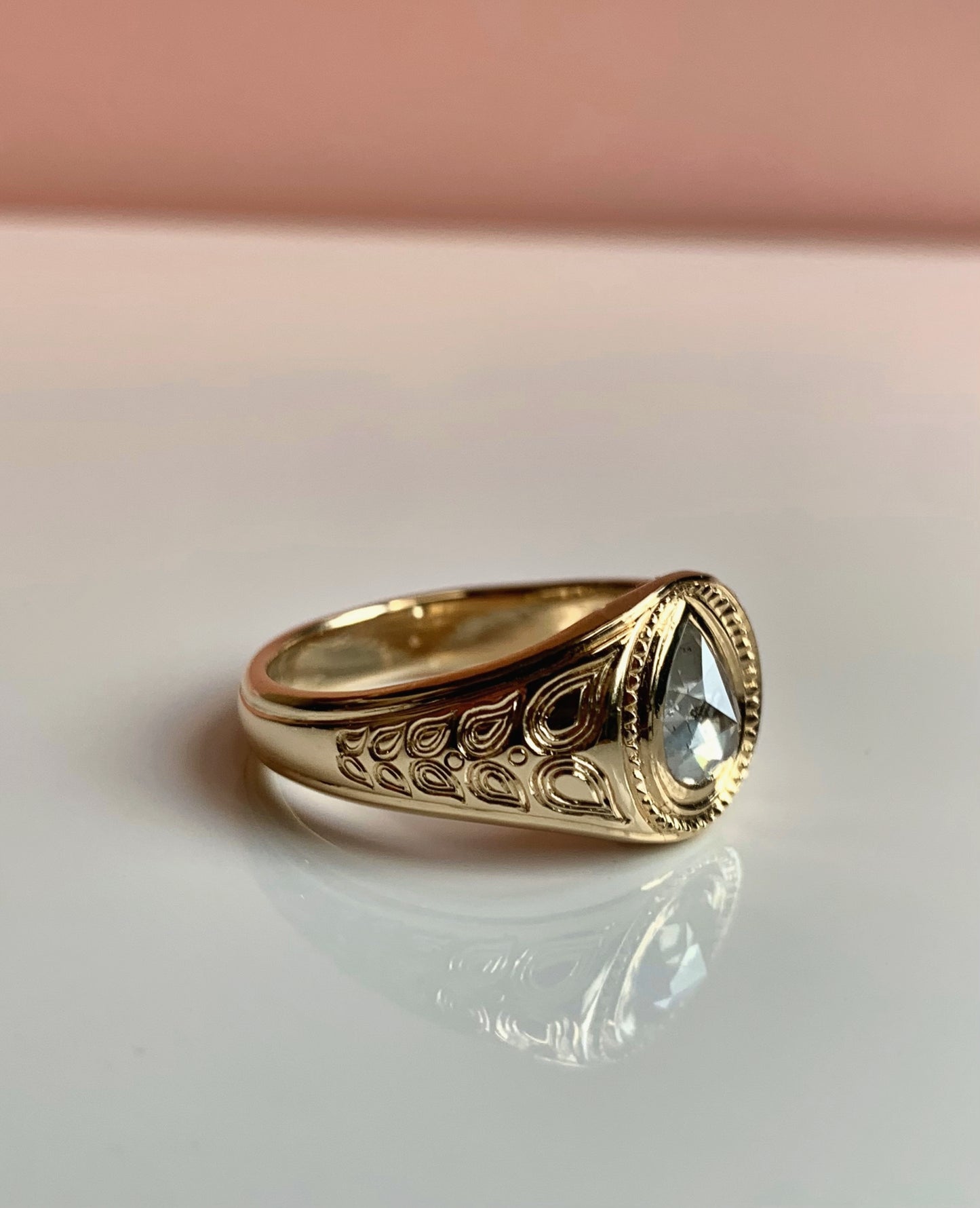 Handmade pear diamond signet ring