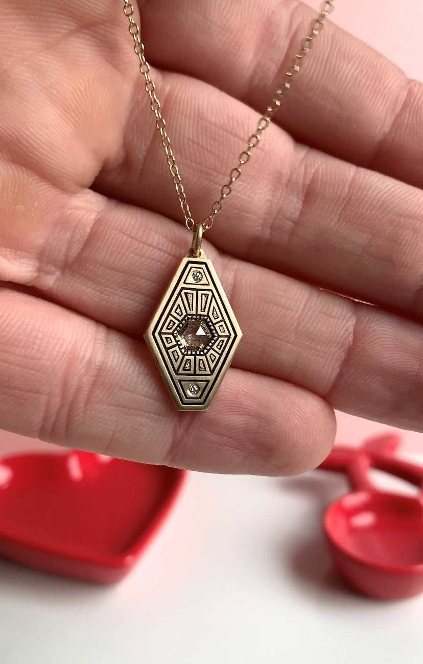 Hexagon diamond pendant, Hand engraved.