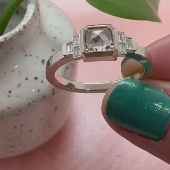 Cushion cut, diamond engagement ring. 14K White gold